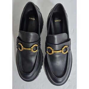 MANGO Women's Leather Moccasin Heel Track Sole Black Gold Horsebit Buckle Sz 7.5